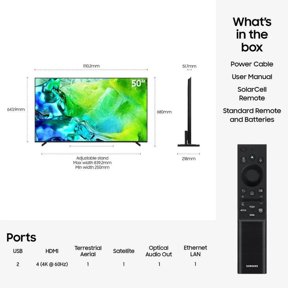 Samsung QE50QN80HAUXXU 50 Inch QN80H QLED Quantum Mini LED 4K Ultra HD HDR Smart AI TV 2026